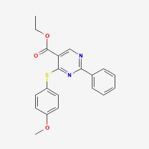 molecular formula C20H18N2O3S B2487220 Ethyl 4-[(4-methoxyphenyl)sulfanyl]-2-phenyl-5-pyrimidinecarboxylate CAS No. 477854-62-9