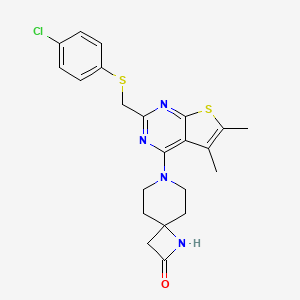 molecular formula C22H23ClN4OS2 B2487222 7-(2-{[(4-Chlorophenyl)sulfanyl]methyl}-5,6-dimethylthieno[2,3-d]pyrimidin-4-yl)-1,7-diazaspiro[3.5]nonan-2-one CAS No. 1241228-48-7