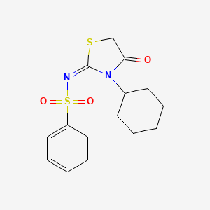 molecular formula C15H18N2O3S2 B2487225 (E)-N-(3-cyclohexyl-4-oxothiazolidin-2-ylidene)benzenesulfonamide CAS No. 627470-41-1