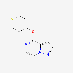 molecular formula C12H15N3OS B2487295 2-Methyl-4-(thian-4-yloxy)pyrazolo[1,5-a]pyrazine CAS No. 2198577-14-7
