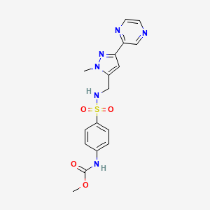 molecular formula C17H18N6O4S B2487356 methyl (4-(N-((1-methyl-3-(pyrazin-2-yl)-1H-pyrazol-5-yl)methyl)sulfamoyl)phenyl)carbamate CAS No. 2034509-36-7