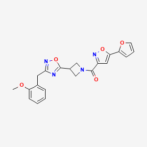 molecular formula C21H18N4O5 B2487494 (5-(Furan-2-yl)isoxazol-3-yl)(3-(3-(2-methoxybenzyl)-1,2,4-oxadiazol-5-yl)azetidin-1-yl)methanone CAS No. 1396852-56-4