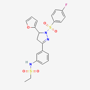 molecular formula C21H20FN3O5S2 B2487501 N-(3-(1-((4-fluorophenyl)sulfonyl)-5-(furan-2-yl)-4,5-dihydro-1H-pyrazol-3-yl)phenyl)ethanesulfonamide CAS No. 851782-91-7