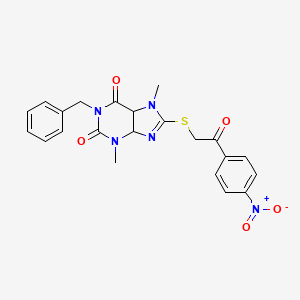 molecular formula C22H19N5O5S B2487540 1-benzyl-3,7-dimethyl-8-{[2-(4-nitrophenyl)-2-oxoethyl]sulfanyl}-2,3,6,7-tetrahydro-1H-purine-2,6-dione CAS No. 941874-14-2