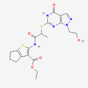 molecular formula C20H23N5O5S2 B2487620 ethyl 2-(2-((1-(2-hydroxyethyl)-4-oxo-4,5-dihydro-1H-pyrazolo[3,4-d]pyrimidin-6-yl)thio)propanamido)-5,6-dihydro-4H-cyclopenta[b]thiophene-3-carboxylate CAS No. 946332-80-5