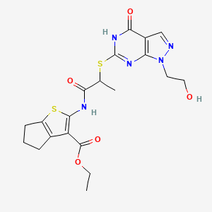 ethyl 2-(2-((1-(2-hydroxyethyl)-4-oxo-4,5-dihydro-1H-pyrazolo[3,4-d]pyrimidin-6-yl)thio)propanamido)-5,6-dihydro-4H-cyclopenta[b]thiophene-3-carboxylate