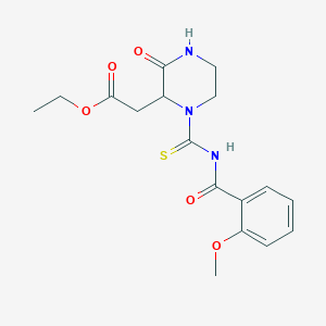 molecular formula C17H21N3O5S B2487659 Ethyl 2-[1-[(2-methoxybenzoyl)carbamothioyl]-3-oxopiperazin-2-yl]acetate CAS No. 1007927-59-4