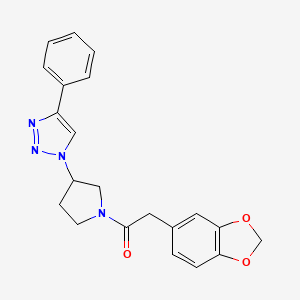 molecular formula C21H20N4O3 B2487664 2-(benzo[d][1,3]dioxol-5-yl)-1-(3-(4-phenyl-1H-1,2,3-triazol-1-yl)pyrrolidin-1-yl)ethanone CAS No. 2034618-65-8