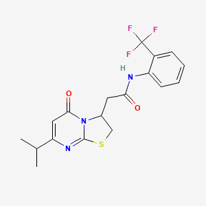molecular formula C18H18F3N3O2S B2487666 2-(7-isopropyl-5-oxo-3,5-dihydro-2H-thiazolo[3,2-a]pyrimidin-3-yl)-N-(2-(trifluoromethyl)phenyl)acetamide CAS No. 953257-97-1