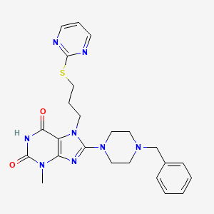 molecular formula C24H28N8O2S B2487667 8-(4-Benzylpiperazin-1-yl)-3-methyl-7-(3-pyrimidin-2-ylsulfanylpropyl)purine-2,6-dione CAS No. 714926-14-4