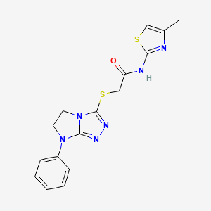 molecular formula C16H16N6OS2 B2487685 N-(4-methyl-1,3-thiazol-2-yl)-2-({7-phenyl-5H,6H,7H-imidazo[2,1-c][1,2,4]triazol-3-yl}sulfanyl)acetamide CAS No. 921514-67-2