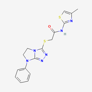 molecular formula C16H16N6OS2 B2487685 N-(4-methylthiazol-2-yl)-2-((7-phenyl-6,7-dihydro-5H-imidazo[2,1-c][1,2,4]triazol-3-yl)thio)acetamide CAS No. 921514-67-2