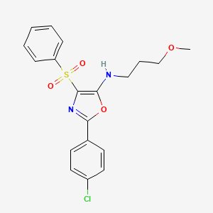 molecular formula C19H19ClN2O4S B2487689 4-(benzenesulfonyl)-2-(4-chlorophenyl)-N-(3-methoxypropyl)-1,3-oxazol-5-amine CAS No. 630084-14-9
