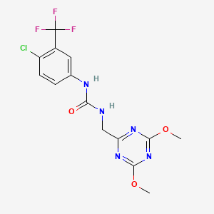 molecular formula C14H13ClF3N5O3 B2487690 1-(4-Chloro-3-(trifluoromethyl)phenyl)-3-((4,6-dimethoxy-1,3,5-triazin-2-yl)methyl)urea CAS No. 2034574-64-4