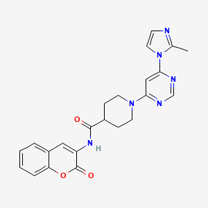 molecular formula C23H22N6O3 B2487724 1-(6-(2-methyl-1H-imidazol-1-yl)pyrimidin-4-yl)-N-(2-oxo-2H-chromen-3-yl)piperidine-4-carboxamide CAS No. 1351641-76-3