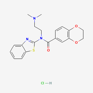 molecular formula C20H22ClN3O3S B2487763 N-(1,3-BENZOTHIAZOL-2-YL)-N-[2-(DIMETHYLAMINO)ETHYL]-2,3-DIHYDRO-1,4-BENZODIOXINE-6-CARBOXAMIDE HYDROCHLORIDE CAS No. 1216714-09-8