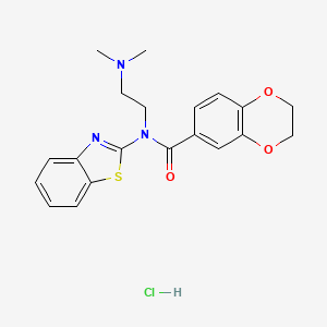 molecular formula C20H22ClN3O3S B2487763 N-(benzo[d]thiazol-2-yl)-N-(2-(dimethylamino)ethyl)-2,3-dihydrobenzo[b][1,4]dioxine-6-carboxamide hydrochloride CAS No. 1216714-09-8