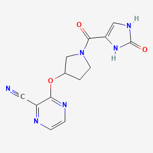 molecular formula C13H12N6O3 B2487769 3-((1-(2-oxo-2,3-dihydro-1H-imidazole-4-carbonyl)pyrrolidin-3-yl)oxy)pyrazine-2-carbonitrile CAS No. 2034576-30-0