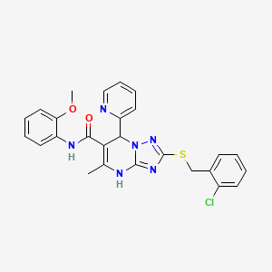 molecular formula C26H23ClN6O2S B2487774 2-[(2-chlorobenzyl)thio]-N-(2-methoxyphenyl)-5-methyl-7-pyridin-2-yl-4,7-dihydro[1,2,4]triazolo[1,5-a]pyrimidine-6-carboxamide CAS No. 536992-07-1