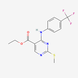 molecular formula C15H14F3N3O2S B2487809 Ethyl 2-(methylsulfanyl)-4-[4-(trifluoromethyl)anilino]-5-pyrimidinecarboxylate CAS No. 339019-43-1