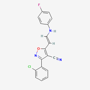 molecular formula C18H11ClFN3O B2487843 3-(2-Chlorophenyl)-5-[2-(4-fluoroanilino)vinyl]-4-isoxazolecarbonitrile CAS No. 320425-16-9
