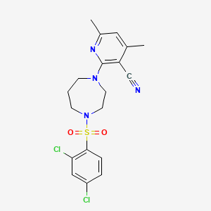 molecular formula C19H20Cl2N4O2S B2487862 2-{4-[(2,4-Dichlorophenyl)sulfonyl]-1,4-diazepan-1-yl}-4,6-dimethylnicotinonitrile CAS No. 478256-91-6