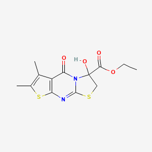 molecular formula C13H14N2O4S2 B2487935 ethyl 12-hydroxy-4,5-dimethyl-2-oxo-6,10-dithia-1,8-diazatricyclo[7.3.0.0^{3,7}]dodeca-3(7),4,8-triene-12-carboxylate CAS No. 446278-65-5