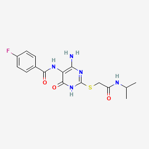molecular formula C16H18FN5O3S B2488096 N-(4-amino-2-((2-(isopropylamino)-2-oxoethyl)thio)-6-oxo-1,6-dihydropyrimidin-5-yl)-4-fluorobenzamide CAS No. 888415-73-4