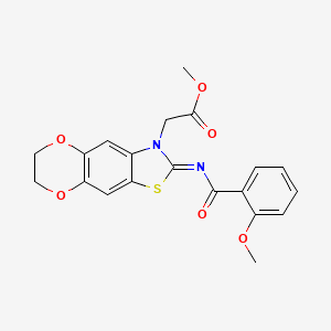 molecular formula C20H18N2O6S B2488225 methyl 2-[2-(2-methoxybenzoyl)imino-6,7-dihydro-[1,4]dioxino[2,3-f][1,3]benzothiazol-3-yl]acetate CAS No. 895445-22-4