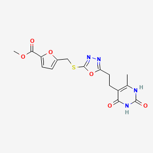 molecular formula C16H16N4O6S B2488333 Methyl 5-(((5-(2-(6-methyl-2,4-dioxo-1,2,3,4-tetrahydropyrimidin-5-yl)ethyl)-1,3,4-oxadiazol-2-yl)thio)methyl)furan-2-carboxylate CAS No. 1172981-14-4
