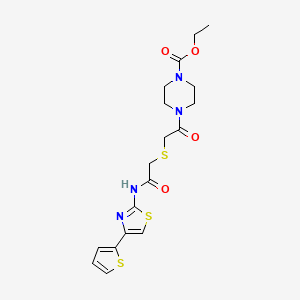 molecular formula C18H22N4O4S3 B2488387 ethyl 4-{2-[({[4-(thiophen-2-yl)-1,3-thiazol-2-yl]carbamoyl}methyl)sulfanyl]acetyl}piperazine-1-carboxylate CAS No. 681224-76-0
