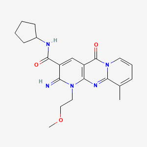 molecular formula C21H25N5O3 B2488452 N-cyclopentyl-6-imino-7-(2-methoxyethyl)-11-methyl-2-oxo-1,7,9-triazatricyclo[8.4.0.03,8]tetradeca-3(8),4,9,11,13-pentaene-5-carboxamide CAS No. 510762-55-7