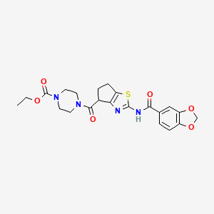 molecular formula C22H24N4O6S B2488493 ethyl 4-(2-(benzo[d][1,3]dioxole-5-carboxamido)-5,6-dihydro-4H-cyclopenta[d]thiazole-4-carbonyl)piperazine-1-carboxylate CAS No. 955699-03-3