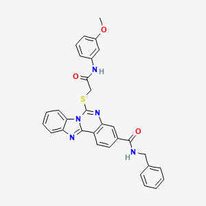 molecular formula C31H25N5O3S B2488644 N-benzyl-9-({[(3-methoxyphenyl)carbamoyl]methyl}sulfanyl)-8,10,17-triazatetracyclo[8.7.0.0^{2,7}.0^{11,16}]heptadeca-1(17),2,4,6,8,11(16),12,14-octaene-5-carboxamide CAS No. 443670-69-7