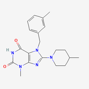 molecular formula C20H25N5O2 B2488889 3-Methyl-7-[(3-methylphenyl)methyl]-8-(4-methylpiperidin-1-yl)purine-2,6-dione CAS No. 672935-44-3
