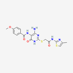 molecular formula C18H18N6O4S2 B2488921 N-(4-amino-2-((2-((4-methylthiazol-2-yl)amino)-2-oxoethyl)thio)-6-oxo-1,6-dihydropyrimidin-5-yl)-4-methoxybenzamide CAS No. 888418-69-7