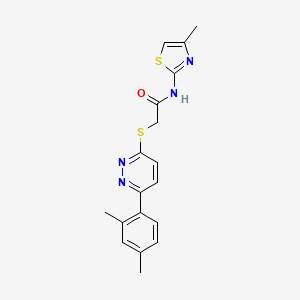 molecular formula C18H18N4OS2 B2488942 2-((6-(2,4-二甲基苯基)吡啶并[3-yl]硫基)-N-(4-甲基噻唑-2-基)乙酰胺 CAS No. 941883-92-7