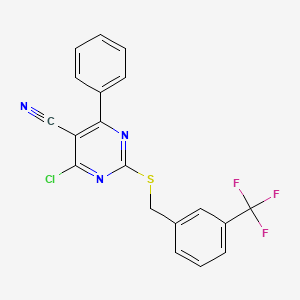 molecular formula C19H11ClF3N3S B2488960 4-Chloro-6-phenyl-2-{[3-(trifluoromethyl)benzyl]sulfanyl}-5-pyrimidinecarbonitrile CAS No. 303985-09-3