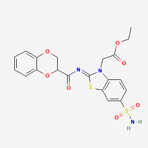 molecular formula C20H19N3O7S2 B2488988 ethyl 2-[(2Z)-2-[(2,3-dihydro-1,4-benzodioxine-2-carbonyl)imino]-6-sulfamoyl-2,3-dihydro-1,3-benzothiazol-3-yl]acetate CAS No. 1164524-49-5