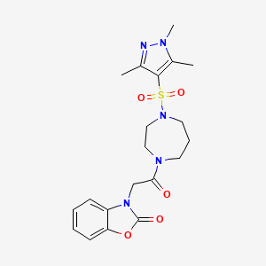 molecular formula C20H25N5O5S B2489253 3-(2-oxo-2-(4-((1,3,5-trimethyl-1H-pyrazol-4-yl)sulfonyl)-1,4-diazepan-1-yl)ethyl)benzo[d]oxazol-2(3H)-one CAS No. 1903500-99-1