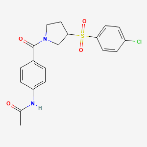 molecular formula C19H19ClN2O4S B2489274 N-(4-(3-((4-chlorophenyl)sulfonyl)pyrrolidine-1-carbonyl)phenyl)acetamide CAS No. 1788541-50-3
