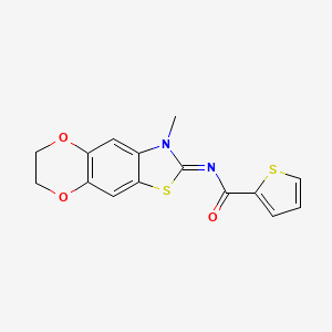 molecular formula C15H12N2O3S2 B2489390 N-[(5E)-6-methyl-10,13-dioxa-4-thia-6-azatricyclo[7.4.0.0^{3,7}]trideca-1,3(7),8-trien-5-ylidene]thiophene-2-carboxamide CAS No. 1321874-16-1