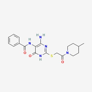 molecular formula C19H23N5O3S B2489412 N-(4-amino-2-{[2-(4-methylpiperidin-1-yl)-2-oxoethyl]sulfanyl}-6-oxo-1,6-dihydropyrimidin-5-yl)benzamide CAS No. 872596-70-8