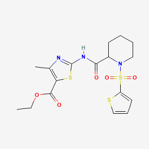 molecular formula C17H21N3O5S3 B2489454 Ethyl 4-methyl-2-(1-(thiophen-2-ylsulfonyl)piperidine-2-carboxamido)thiazole-5-carboxylate CAS No. 1097897-85-2