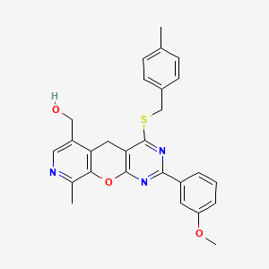 molecular formula C27H25N3O3S B2489556 [5-(3-methoxyphenyl)-14-methyl-7-[(4-methylphenyl)methylsulfanyl]-2-oxa-4,6,13-triazatricyclo[8.4.0.03,8]tetradeca-1(10),3(8),4,6,11,13-hexaen-11-yl]methanol CAS No. 892414-78-7