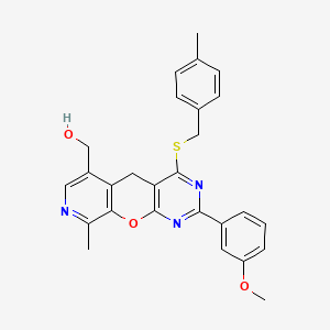 molecular formula C27H25N3O3S B2489556 (2-(3-methoxyphenyl)-9-methyl-4-((4-methylbenzyl)thio)-5H-pyrido[4',3':5,6]pyrano[2,3-d]pyrimidin-6-yl)methanol CAS No. 892414-78-7