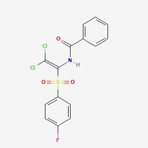 molecular formula C15H10Cl2FNO3S B2489602 N-[2,2-DICHLORO-1-(4-FLUOROBENZENESULFONYL)ETHENYL]BENZAMIDE CAS No. 867136-37-6