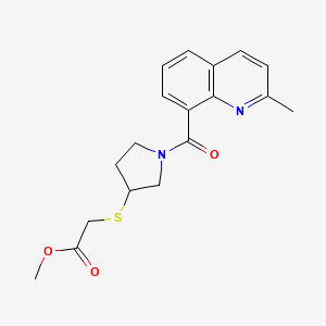 molecular formula C18H20N2O3S B2489628 Methyl 2-((1-(2-methylquinoline-8-carbonyl)pyrrolidin-3-yl)thio)acetate CAS No. 2034577-91-6