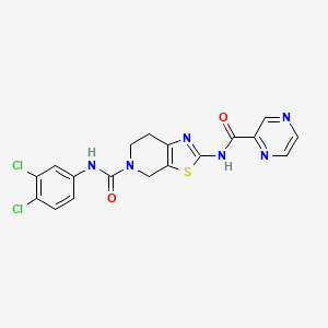 molecular formula C18H14Cl2N6O2S B2489695 N-(3,4-dichlorophenyl)-2-(pyrazine-2-carboxamido)-6,7-dihydrothiazolo[5,4-c]pyridine-5(4H)-carboxamide CAS No. 1351613-87-0