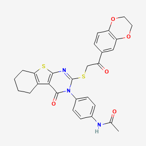 molecular formula C28H25N3O5S2 B2489796 N-[4-(5-{[2-(2,3-dihydro-1,4-benzodioxin-6-yl)-2-oxoethyl]sulfanyl}-3-oxo-8-thia-4,6-diazatricyclo[7.4.0.0^{2,7}]trideca-1(9),2(7),5-trien-4-yl)phenyl]acetamide CAS No. 380340-18-1